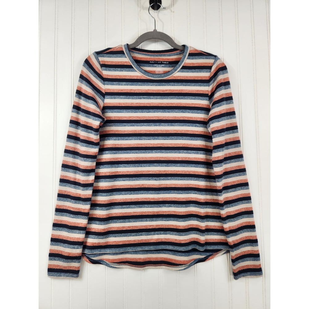 American Eagle Soft & Sexy Women Plush Striped Long Sleeve Top Blue Orange Small
